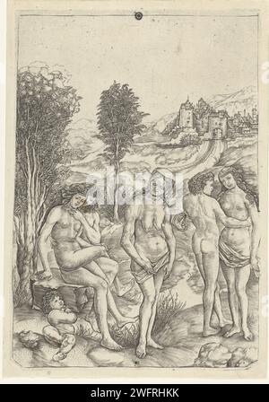 Vieille femme et deux économies d'amour dans le paysage, Christoforo di Michele Robetta, d'après Albrecht Dürer, d'après Andrea Mantegna, 1480 - 1525 imprimer peut-être allégorie sur l'un des sept CHALLS envie dépeint comme une vieille femme qui se détourne de deux jeunes couples d'amour. Italie gravure sur papier vieille femme. couple d'amoureux. Envie ; 'Invidia' (Ripa)  personnification de l'un des sept péchés capitaux Banque D'Images