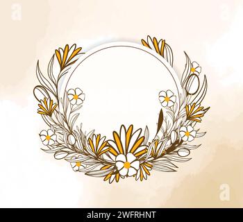 Cadre floral rond dans un style rétro avec des fleurs et des feuilles. Couronne florale dessinée à la main pour la conception de carte d'invitation de mariage Illustration de Vecteur