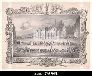 Entrée de Hertog Jan van Beieren à Leiden le 18 août 1420 interprétée par les étudiants de Leiden le 8 février 1840, Anonyme, Hilmar Johannes Backer, 1840 impression procession costumée historiquement par les étudiants de l'Université des Sciences appliquées de Leiden le 8 février 1840, pour célébrer le 265e anniversaire de l'université. Le sujet de la procession historique et de la mascarade est l'entrée du duc Jan van Bavaria à Leiden le 18 août 1420. Présentation imaginaire de Leiden en 1420 avec la procession d'un Stadsplein. Dans un cadre avec festons, armes et au sommet de Minerva. imprimante : Banque D'Images