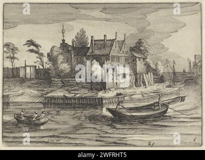 Sloops dans un domaine, Claes Jansz. Visscher (II), d'après Cornelis Claesz van Wieringen, 1613 imprimer deux sloops voile pour une maison de campagne clôturée. A droite deux hommes, à gauche trois. Amsterdam papier gravure bateau à rames, canoë, etc. logement rural, par exemple maison de campagne, villa, chalet Banque D'Images