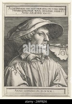 Autoportrait de Heinrich Aldegrever, Heinrich Aldgrever, 1530 tirage Autoportrait de Heinrich Aldegrever à l'âge de vingt-huit ans., avec grand chapeau. Buste, tourné vers la droite. Ci-dessous le spectacle ci-dessus un cartouche avec texte et datation en latin. Allemagne papier gravure portrait, autoportrait de graphiste Banque D'Images