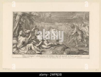 Graanoogst, Giovanni Girolamo Frezza, d'après Carlo Maratta, 1728 imprimer Paysage avec des hommes qui récoltent le grain. Deux hommes faucilles fauchent le grain. Un autre homme lie le grain en paquets. Au premier plan sur la gauche les hommes qui se reposent. Imprimeur : Romeafter design by : Vaticaanstadpublisher : RomeVaticaanstad gravure sur papier / gravure récolte. céréales, céréales, maïs (herbe avec céréales, cultivée pour l'alimentation, par exemple : blé, riz, seigle, avoine, maïs, sarrasin, millet). agriculteurs. agriculture Banque D'Images