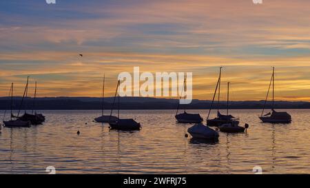 Bodensee Lake Sunset Panorama. Lumière du soleil en soirée sur des eaux tranquilles. Sunset Vista au lac Bodensee en Allemagne. Banque D'Images
