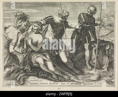 Mars envoyé par Minerve, Agostino Carracci, après Jacopo Tintoretto, 1589 imprimer Minerve éloigne Mars des personnifications de paix et de prospérité. Imprimeur : Italieaprès peinture par : Venise gravure sur papier (histoire de) Minerva (Pallas, Athen). (Histoire de) Mars (Ars). Paix et prospérité, 'PAX et ABUNDANTIA' Banque D'Images