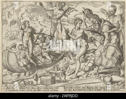 La richesse est sans valeur après la mort, 1563 estampe sur les rives de la rivière Styx, un roi est dépouillé de son manteau, de sa couronne et de son bâton. Il y a des symboles de pouvoir séculier et spirituel sur le terrain, ainsi que de richesse. Ces choses doivent laisser les gens derrière eux après la mort. Avec d'autres pécheurs, le roi doit être dans le bateau de Charon. Le démoniaque Veerman les emmène en enfer. L'estampe a une légende latine et fait partie d'une série sur le sujet de la misère que la richesse apporte. PRINT MAKER : Loudlers 'Loudlers designs by : lovlpublisher : Averterphalimms gravure sur papier Charon, le passeur. Styx (rivière de H Banque D'Images