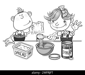 Art noir et blanc, enfants d'âge préscolaire cuisinant ensemble, faisant du pudding éponge, utilisant un bol, tartiner et sirop doré, éducatif, apprendre à cuisiner, nourriture Banque D'Images