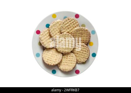 McVitie's Digestives biscuits au chocolat blanc sur assiette isolé sur fond blanc - lisse et crémeux - UK - Mctivités Mcvitie Banque D'Images