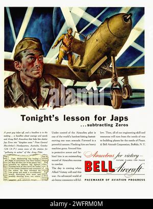 “TONIGHT’S THE NIGHT - SUBDUCTING ZEROS” Une publicité américaine vintage de la Seconde Guerre mondiale pour Bell Aircraft. L'image, rendue dans un style de conception graphique, montre un pilote dans un avion bombardier, tenant une carte et regardant par la fenêtre une flotte d'avions. La toile de fond est un ciel bleu avec des nuages et des projecteurs. La phrase « ce soir, c’est la nuit - soustrayant des zéros » est affichée en évidence. Le logo de Bell Aircraft est situé dans le coin inférieur droit. - Publicité américaine (États-Unis), période de la Seconde Guerre mondiale - publicité américaine (États-Unis), période de la Seconde Guerre mondiale Banque D'Images