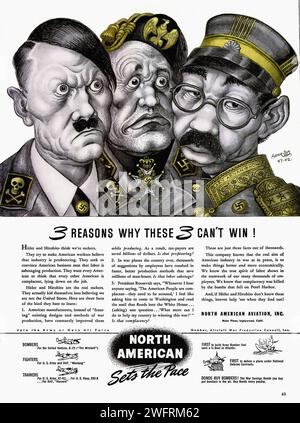 “3 RAISONS POUR LESQUELLES CES 3 NE PEUVENT PAS GAGNER!” Une image en noir et blanc d'une publicité américaine vintage de l'époque de la Seconde Guerre mondiale pour North American Aviation. La publicité proclame hardiment « 3 raisons pour lesquelles ces 3 ne peuvent pas gagner ! », suivie de trois colonnes de texte fournissant chacune une raison différente. Les raisons soulignent la supériorité des travailleurs, des avions et des pilotes nord-américains sur leurs concurrents. Le style graphique est typique des publicités imprimées du milieu du 20e siècle, avec une typographie claire et une mise en page simple. Une petite illustration d'un pilote avec un casque et des lunettes est présentée dans le coin supérieur droit, A. Banque D'Images