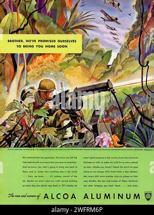 « Frère, nous nous sommes promis de ramener plus d’Alcoa aluminium » « nous voulions tous les deux cet oiseau plus que vous ne le savez. Maintenant, nous avons l’oiseau et nous le ramenons à la maison. Peut-être que nous obtiendrons une médaille pour celui-ci » C’est une publicité vintage pour Alcoa aluminium, rendue dans un style de bande dessinée vibrant. Situé dans une jungle luxuriante avec des arbres, des plantes et une cascade, est armé d'un fusil. Le texte de la publicité suggère un récit d'aventure et d'ambition, reflétant l'esprit de la publicité américaine pendant la Seconde Guerre mondiale. Banque D'Images