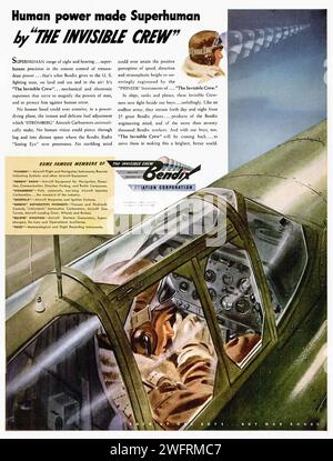 « UN POUVOIR SURHUMAIN RENDU POSSIBLE PAR « L’ÉQUIPAGE INVISIBLE » » il s’agit d’une publicité vintage pour la Bendix Aviation Corporation, originaire des États-Unis pendant la Seconde Guerre mondiale. La publicité présente une illustration en couleur d'un pilote dans le cockpit d'un avion, avec le fond représentant un ciel bleu avec des nuages. Une illustration plus petite montre un homme travaillant sur une machine. Le style graphique de la publicité est typique des médias imprimés américains du milieu du 20e siècle, avec ses couleurs vives et ses images dramatiques. - Publicité américaine (États-Unis), époque de la Seconde Guerre mondiale Banque D'Images