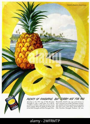 Beaucoup d'ananas mais – désolé – pas pour vous Dole ananas Une publicité vintage pour Dole ananas mettant en vedette une peinture d'ananas avec deux tranches devant elle sur un fond tropical avec des palmiers et une plage. Le fond est un ciel jaune avec un océan bleu. Le texte sur l’image indique « beaucoup d’ananas mais – désolé – pas pour vous ». Le coin inférieur gauche de l'image a une petite boîte d'ananas Dole. - Publicité américaine (États-Unis), époque de la Seconde Guerre mondiale Banque D'Images