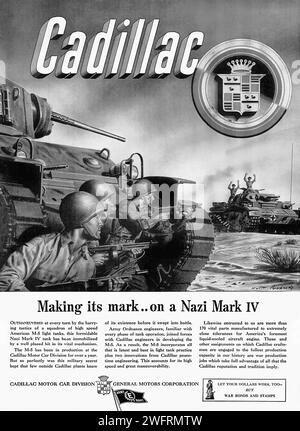 « FAIRE SA MARQUE… ON A NAZI MARK IV » Une publicité américaine frappante en noir et blanc de l’époque de la Seconde Guerre mondiale pour Cadillac, mettant en vedette un char Cadillac dans l’acte de détruire un char nazi Mark IV. Le champ de bataille, avec des explosions et de la fumée, ajoute à l'effet dramatique. Le style graphique de la publicité est typique des années 1940, avec du texte en gras et des illustrations détaillées. La présence des logos Cadillac et General Motors Corporation indique la nature commerciale de la pièce. Un petit texte faisant la promotion de « War Bonds and stamps » est également visible.- publicité américaine (US), Guerre mondiale Banque D'Images