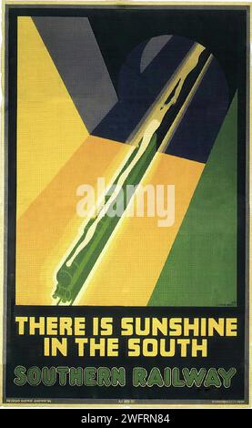 Cette publicité pour Southern Railway montre un train stylisé sous un soleil brillant et abstrait, avec le slogan « THERE IS SUNSHINE IN THE SOUTH ». Le design est géométrique et moderniste, avec des couleurs et des formes audacieuses, caractéristiques du style art déco des années 1930. Banque D'Images