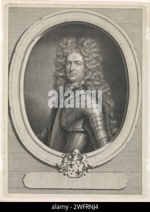 Portrait de Paul de Rapin de Thoyras, Jacob Houbraken, d'après J. Brandon, 1724 - 1725 tirage Portrait en deux à gauche de Paul de Rapin de Thoyras, vêtu d'un harnais, dans un ovale avec son écusson familial en bas et un cartouche vide. Gravure sur papier Amsterdam Banque D'Images