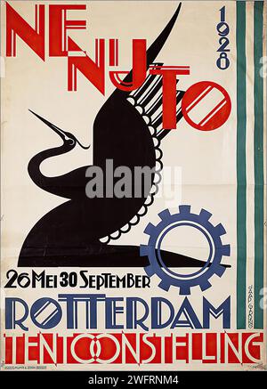 'NE NU TO. 1926. 26 Mei 30 septembre ROTTERDAM TENTOONSTELLING '26 mai au 30 septembre 1926, EXPOSITION ROTTERDAM' 'Vintage Dutch Advertising' Une silhouette de cygne noir avec des éléments mécaniques et une typographie rouge et blanche audacieuse sur fond crème, avec un style artistique constructiviste. Banque D'Images