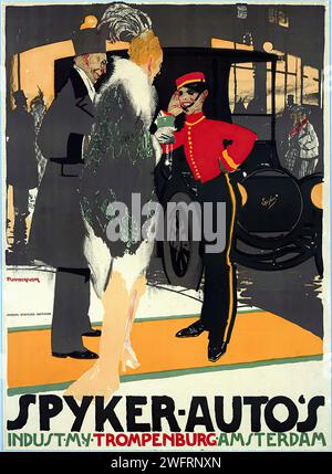 'SPYKER-AUTO'S INDUSTRY TROMPENBURG AMSTERDAM' affiche publicitaire néerlandaise vintage mettant en vedette des personnalités de la société autour d'une voiture classique avec chauffeur, dans une illustration stylisée avec des couleurs vives et un sens du luxe. Le design est caractéristique du style Art Nouveau avec des détails ornementaux. Banque D'Images