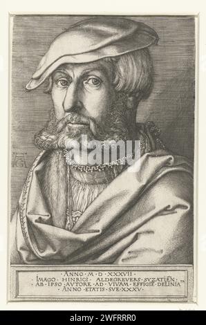 Autoportrait de Heinrich Aldegrever, Heinrich Aldgrever, 1537 tirage Autoportrait de Heinrich Aldegrever à l'âge de trente-cinq ans, avec barbe. Buste, trois quarts tournés vers la gauche. En bas, sur une balustrade, un texte de quatre lignes en latin. Allemagne papier gravure portrait, autoportrait de graphiste Banque D'Images