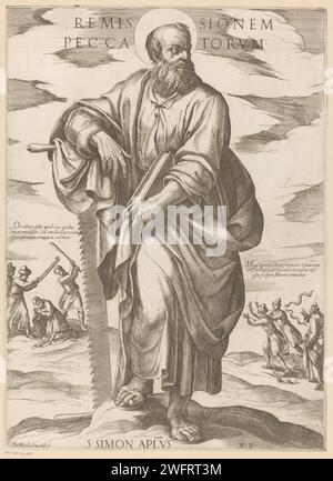 De Heilige Simon, Antonio Tempesta, 1565 - 1630 imprimer Saint Simon avec scie et livre. En arrière-plan à gauche, Simon est scié en deux et battu avec un bâton. En arrière-plan à droite, Simon Snangen contrôle ses persécuteurs. Imprimeur : Italyafter Own design by : Italypublisher : Rome paper gravure de l'apôtre Simon Zelotes (ou Simon le Cananéen) ; attributs possibles : livre, scie, défilement. Martyre et mort de Simon Zelotes : il est scié en deux, ou battu à mort. Vie et actes de Simon Zelotes Banque D'Images