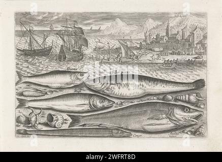 Cinq poissons sur la plage, Adriaen Collaert, après 1598 - 1618 imprimer Un sprat, une carpe, un plus dur, une petite morue et une digue sont échoués sur la plage avec quelques coquillages. En arrière-plan la mer et un quai portuaire. L'impression fait partie d'une série avec le poisson comme sujet. Anvers gravure sur papier poissons osseux : Cod. anguilles : anguille. poissons osseux : mulet. jetée, quai, quai. poissons osseux : carpe. poissons osseux : sprat Banque D'Images