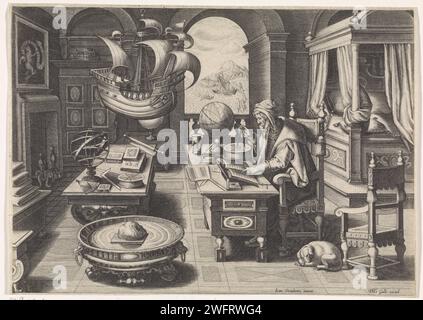 Invention de la boussole, Jan Collaert (II) (attribué à), d'après Jan van der Straet, c. 1589 - c. 1593 imprimer le mathématicien Flavio Goija, selon la légende l'inventeur de la boussole. Asseyez-vous dans son bureau et faites quelques calculs avec son passeur. Toutes sortes d'instruments scientifiques sur sa table de travail. Un modèle de galloy est suspendu au plafond. L'impression fait partie d'une série de dix-neuf parties sur les nouvelles inventions et découvertes. Imprimeur : Antwerpafter design by : FlorencePublisher : Anvers papier gravure médicament, médecine. boussole. appareils et équipements de laboratoire. invention, discov Banque D'Images