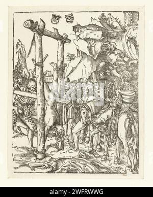 Simon Zelotes scié en deux, Lucas Cranach (I), 1510 - 1514 imprimer l'apôtre Simon Zelotes est scié en deux alors qu'il est attaché la tête à une construction de poteaux en bois. Deux hommes tiennent la scie aux extrémités et les déplacent de haut en bas à la hauteur de la coque du saint. Des hommes à cheval et des soldats sont témoins de cette mort par torture. En arrière-plan, il y a des bâtiments sur des rochers. Au milieu de ses deux boucliers avec le électoral et ducal Wapen van Saxe. Allemagne papier martyre et mort de Simon Zelotes : il est scié en deux, ou battu à mort Banque D'Images