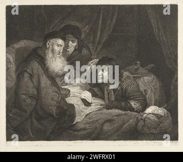 Isaac Bless Jakob, Johannes Pieter de Frey, après Govert Flinck, 1798 imprimer le vieil Isaac est au lit et donne sa bénédiction à Jacob agenouillé. En diagonale derrière Isaak se trouve Rebekka. Isaac couché dans son lit bénit Jacob qui, déguisé dans les vêtements d'Esau, apporte de la nourriture à son père ; les mains et le cou de Jacob sont couverts de peaux de chèvre Banque D'Images