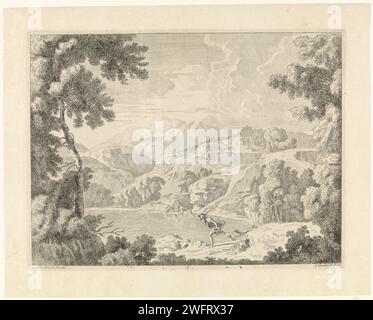 Actaeon est transformé en cerf par la baignade Diana, Johannes glaber, après Gaspard Dughet, 1656 - 1726 imprimer Un paysage vallonné. Au premier plan Actaeon qui, après ses propres chiens, se transforme en un cerf. En arrière-plan, la baignade Diana et ses nymphes. L'estampe fait partie d'une série de paysages à des peintures de Gaspar Poussin. Gravure sur papier inconnue Actaeon changea en cerf : comme punition pour l'avoir vue se baigner, Diana changea Actaeon, le chasseur, en cerf (Ovide, Métamorphoses III 193). (Haute) colline - HH - paysages idéaux. Diana se baignant avec ses nymphes Banque D'Images