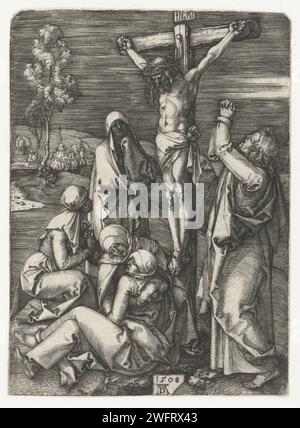 De Kruisiging, Albrecht Dürer, 1508 impression Christ sur la croix. À sa gauche, Jean l'évangéliste est avec ses mains levées dans un geste de prière, debout sur son côté droit et sont quatre femmes folles. Nuremberg gravure sur papier crucifie le Christ avec Marie, Jean et Marie Madeleine Banque D'Images