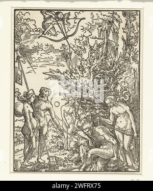 Rêve de Paris, Wolfgang Huber, 1500 - 1553 imprimer Paris dort et rêve des trois déesses Minerve, Vénus et Junon, tandis que Mercure rêve de lui donner un jugement sur qui est la plus belle femme. Papier le rêve de Paris Banque D'Images