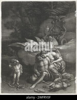 Adonis meurt dans les bras de Vénus, Wallerant Vaillant, après Erasmus Quellinus (II), 1658 - 1677 imprimer Adonis meurt dans les bras de Vénus. Vénus et Amor pleurent sa mort. Pendant la chasse, Adonis a été grièvement blessé dans un combat avec un sanglier. En arrière-plan la voiture de Vénus et le sanglier. Papier Vénus pleurant Adonis Banque D'Images