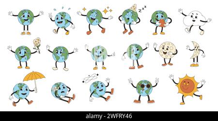 Personnages de soleil de terre, lune et nuage dans le style de tuyau en caoutchouc. Mascottes planète rétro ensemble isolé sur fond blanc. Illustration vectorielle. Illustration de Vecteur