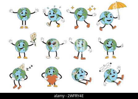 Masse dans le style de flexible en caoutchouc. Personnages mignons de planète ensemble isolé sur fond blanc. Collections de mascottes rétro. Illustration de globe vectoriel. Illustration de Vecteur