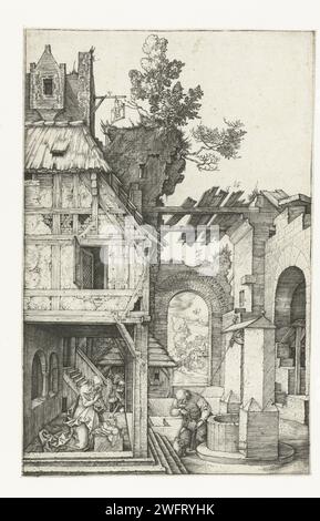 La naissance du Christ, Albrecht Dürer, 1504 imprimer Maria vénère l'enfant Christ dans le portail d'une maison abandonnée. Dans la cour, Jozef verse l'eau d'un puits dans une cruche. La proclamation peut être vue sur les bergers en arrière-plan. Nuremberg gravure sur papier Marie, Joseph et le nouveau-né Christ (Nativité) Banque D'Images