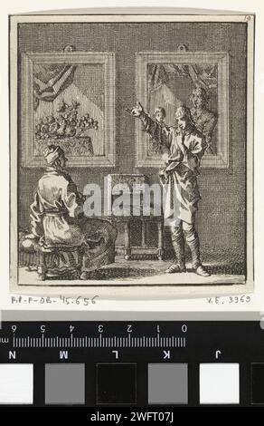 Jeune homme parle des peintures suspendues derrière lui, Jan Luyken, 1711 imprimer Amsterdam papier gravure image, peinture. image dans l'image Banque D'Images