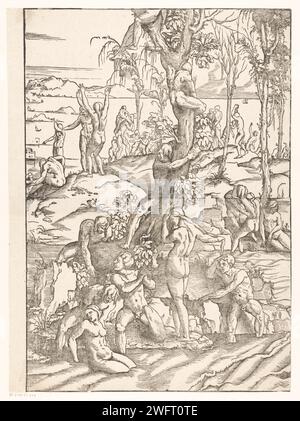 Inondation (moitié droite), Nicolò boldrini (attribué à), d'après titien, c. 1540 imprimer les hommes et les femmes essaient de se mettre en sécurité et d'autres pendant l'inondation. A gauche un temple et sur l'eau l'Arche de Noé. Papier de Venise le déluge et la destruction de l'humanité  Histoire de Noé (Genèse 7:10 - 8:17) Banque D'Images