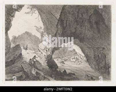 Sortie des grottes de Han, Martinus Antonius Kuytenbrouwer Jr., 1853 imprimer sortie des grottes de Han et de la rivière Lesse. Au premier plan deux voyageurs et quelques personnages en arrière-plan. Document de Bruxelles. gravure / grotte de la pointe sèche, grotte. 'En route', voyageur en route Han-sur-Lesse Banque D'Images