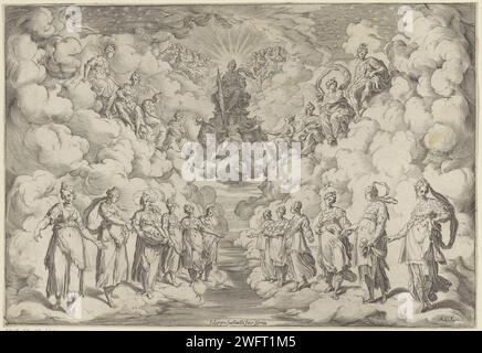 Harmonie Van de Sferen, Agostino Carracci, d'après Andrea Boscoli, d'après Bernardo Buontalenti, 1589 - 1592 imprimer Affichage du premier intermède lors de la représentation de la pièce 'la Pellegrina' de Girolamo Bargagli : les atmosphères se dressent et se dressent en rangées sur les nuages. Pour les six intermezzi de Giovanni de'Bardi, les machines et les costumes ont été conçus par Bernardo Buontalenti. Cette représentation a eu lieu à l'occasion du mariage de Ferdinando I de'Medics et Christina van Lotharingen en 1589. Imprimeur : Italyafter dessin par : Florenceafter design par : FlorencePublisher : Siena papier gravure / gravure Banque D'Images