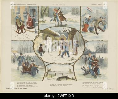 ICE Entertainment, 1875 - 1903 imprimer feuille avec 7 spectacles d'activités hivernales, y compris le patinage, la conduite de traîneau et la fabrication d'un bonhomme de neige. Dans la marge inférieure un verset. Numéroté en haut à droite : no 3. Patins d'impression typographique en papier Haarlem (sports d'hiver). (faire un) bonhomme de neige Banque D'Images
