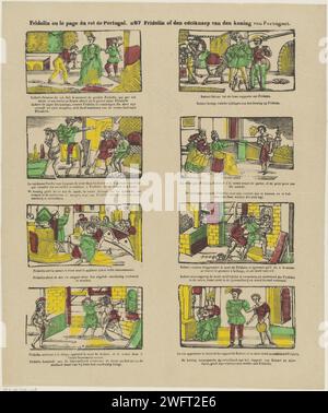 Fridolin ou le page du roi de Portugal / Fridolin of the Edelknaep Van Den Koning Van Portugael, 1856 - 1900 print feuille avec 12 représentations de l'histoire de Fridolin, accusé par Robert Vals. Le roi du Portugal ordonne au forgeron de jeter la première personne qui vient dans le four, et envoie Fridolin à lui. Mais cela s'échappe parce qu'il va d'abord à la messe. Robert subit le sort de Fridolin. Sous chaque image une légende en néerlandais et en français. Numéroté au milieu : N 67. Editeur : Turnhoutprint Maker : pays-Bas impression typographique papier contes et contes de fées Banque D'Images