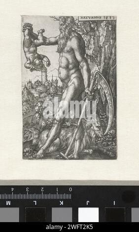 Saturnus, Heinrich Aldegrever, 1533 estampe Saturne, vu de côté, dans la main gauche une faux, avec sa main droite il tient un bébé sur son pied. Il y a un bélier à ses pieds. Une d'une série de sept estampes avec des dieux qui représentent les planètes. Allemagne gravure sur papier (histoire de) Saturne (Cronus) Banque D'Images