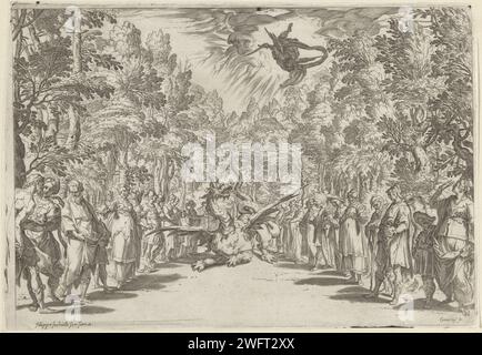 Apollo en de Python, Agostino Carracci, d'après Andrea Boscoli, d'après Bernardo Buontalenti, 1589 - 1592 imprimer Affichage du troisième intermède pendant la représentation de la pièce 'la Pellegrina' de Girolamo Bargagli : Apollo qui bat les Python pour un groupe de spectateurs dans une forêt. Pour les six intermezzi de Giovanni de'Bardi, les machines et les costumes ont été conçus par Bernardo Buontalenti. Cette représentation a eu lieu à l'occasion du mariage de Ferdinando I de'Medics et Christina van Lotharingen en 1589. Imprimeur : Italyafter dessin par : Florenceafter conception par : FlorencePublisher : Siena paper e Banque D'Images