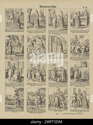 Blanc neige, successeurs Charles Burckhardt, c. 1889 - c. 1906 imprimer feuille avec 16 représentations du conte de fées Blanche neige. Une légende sous chaque image. Numéroté en haut à droite : n° 86. Papier Wissembourg typographie impression de contes et de contes de fées. petites personnes. princesse Banque D'Images