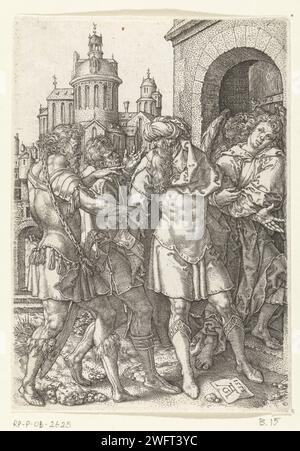 Lot empêche la violence entre les habitants de Sodome, Heinrich Aldgrever, lot de 1555 tirages devant sa maison à Sodome, se dresse entre deux hommes en colère et les deux anges. Les hommes de la ville veulent chasser les deux invités inconnus (anges) de Lot. Deuxième tirage d'une série de quatre avec l'histoire de Lot (Genèse 19). Allemagne papier gravure lot tente de pacifier la foule Banque D'Images