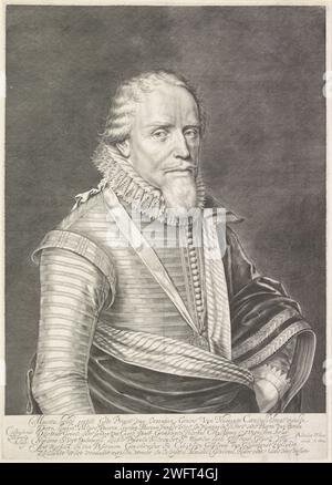 Portrait de Maurits, Prince d'Orange, Crispijn van den Queborn, tirage de 1624 Portrait de Maurits. Six lignes de texte néerlandais dans la marge inférieure. La gravure sur papier de la Haye / gravure ordre de chevalerie (JARRETIÈRE) - insigne d'un ordre de chevalerie, par exemple : badge, chaîne Banque D'Images