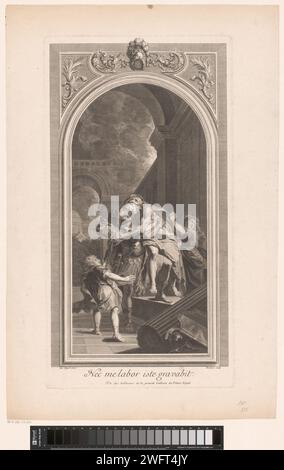 Énée et sa famille s'envolent de Troie, Louis Desplaces, d'après Antoine Coypel, 1692 - 1739 imprimer Paris papier gravure / gravure 'Pius Énées' : Énée, dirigeant Ascanius, s'échappe de brûler Troie, portant son père Anchise avec les Penates ; sa femme Creusa, qui part avec eux, est perdue sur le chemin Banque D'Images