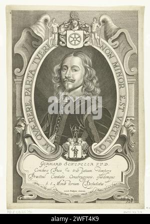 Portrait de Gerhard Schepeler, Mattheus Borrekens, d'après Anselm van Hulle, 1649 estampe Gerhard Schepeler, maire de Osnabrück et négociateur à la paix de Munster. Portrait en liste ovale de buste à gauche. L'impression contient une légende latine en cartouche, une écriture de bord et un ornement avec une arme en haut et en bas. gravure sur papier Banque D'Images