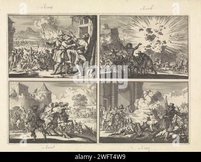 Atrocités contre la population de Basse-Autriche commises par les cosaques polonais au service de l'Empereur, 1620 / Castel Nuovo à Naples explose partiellement lors de la célébration festive en mémoire de la victoire de l'Empereur à Nordlingen, 1636 / Imperial Dampier tombe de son cheval après Un tir des murs de Presbourg (Bratislava), 1620 / émeute à Rotterdam suite à l'emprisonnement d'un pasteur remontrant, 1621, Jan Luyken, 1698 impression feuille vierge avec quatre impressions. Amsterdam gravure de papier forces terrestres. pillage  soldats. mort violente  mauvais traitements, torture. château. poudre à canon d Banque D'Images