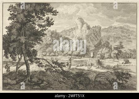 Paysage fluvial arcadien avec des bergers et deux femmes avec de la cire, Adolf van der Laan, d'après Johannes glaber, 1710 - 1747 imprimer Paysage fluvial arcadien avec des bergers et deux femmes avec de la cire, à droite un vase décoratif sur un piédestal. L'estampe peut faire partie d'une série de 40 estampes avec des représentations de paysages italiens et allemands. Amsterdam papier gravure paysages avec eaux, paysages aquatiques, paysages marins (dans la zone tempérée). troupeaux, bergers, bergers, bergers, bergers, bergers, vache, etc. bétail. transporter quelque chose dans le panier, sac, sac à dos, etc. vase  ornement Banque D'Images