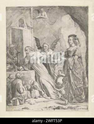 La tentation de St. Antonius, Guillaume Duvivier, d'après Antoine van den Heuvel, c. 1660 - c. 1670 imprimer St. Antonius est agenouillé pour une pierre d'autel sur laquelle un sablier, un sablier, un crâne et une pile de livres. Le diable et les êtres monstrueux le tirent sur son tapis et l'attaquent de toutes sortes de façons. Pour lui le cochon. Derrière lui une dame magnifiquement habillée qui lui offre un verre de vin. Une vieille femme aux ailes du diable tente de le séduire pour le regarder. Au sommet de la grotte un diable volant qui joue un kakebeen. Tentations de gravure sur papier du sud des pays-Bas de St. Antony Abbot Banque D'Images